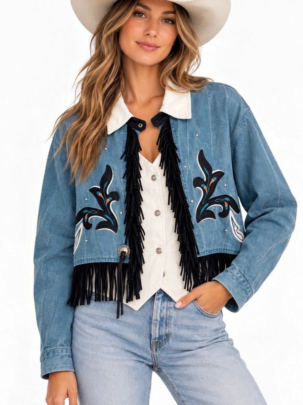 Vintage 1849 Authentic Ranch Wear Western Fringe Denim Shirt Jacket